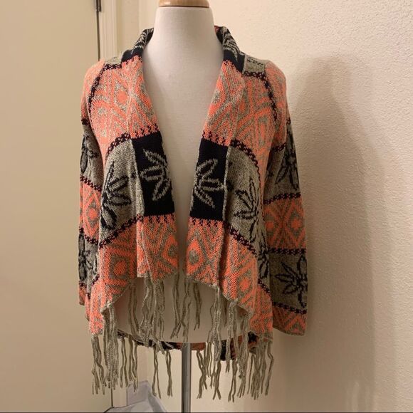 BoHo Long Sleeve Sweater Wrap/ Tangerine Gray and Black with 5” Fringe S/M - Picture 3 of 6